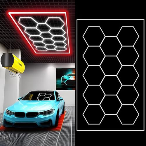 Sedtonmu LED Hexagon Beleuchtung fuir Garage 14 pcs 6500K Sechseckige Garagenleuchten RGB Ideal für Garage Werkstatt Gaming Fitnessstudio Friseur Bürobeleuchtung,3