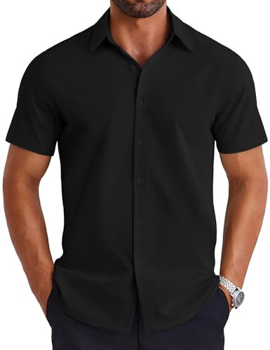 COOFANDY Men's Casual Shirt Button Down Shirts Short Sleeve Summer Beach Shirt Business Dress Black L