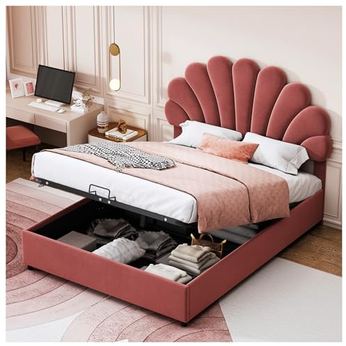 Wyibwy Letto imbottito 140 x 200 cm, con testata floreale e rete a doghe, con testata regolabile in altezza e contenitore idraulico, letto junior matrimoniale, tessuto vellutato skin-friendly, rosa