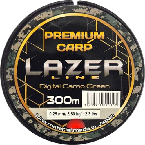 LAZER LINE Premium CARP Monofil Angelschnur 300m Dia 0,25mm Test 5,6kg - Camo Grün Schnur - Method Feeder Karpfen Angeln - Grundangeln - Monofilament Angelsehne - Nylonfaden Vorfach – Vorfachschnur
