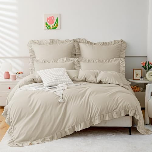 TOCOMOA Rüschen Bettwäsche 135x200 Mädchen, Aesthetic Bettwäsche-Sets Mikrofaser, Öko-Tex Zertifiziert, Weich Khaki Bettbezug mit Reißverschluss, Kopfkissenbezug 80x80cm