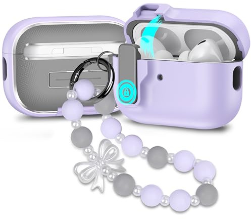 Kompatibel mit AirPods Pro 2 Hülle Magnetischer Deckel Süßes Ästhetisches Schutzhülle für AirPods Pro 2./1.Generation Case mit Handschlaufe für Mädchen Frauen Lila