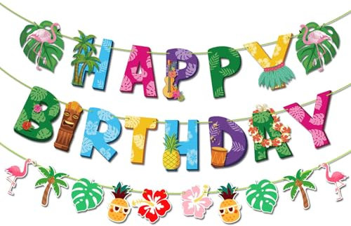 Decoration Anniversaire Tropical, Bannière D'Anniversaire Hawaïenne, Deco Hawaienne mit Bannière Tropicale ' Happy Birthday ', Deco Plage, pour la Décoration de Fête Hawaïenne Sur la Plage en Été