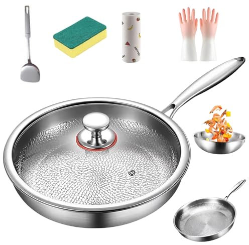 Padella Pro in titanio martellato con coperchio, 2025 ispessita ultra resistente, antigraffio, non rivestita in titanio antiaderente per cucinare (XS-26 cm)