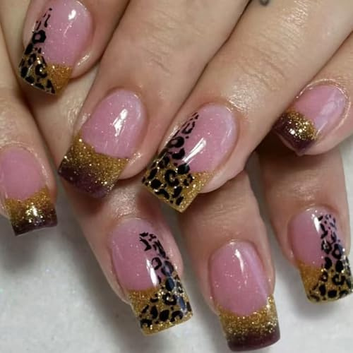 24 PZ Medium Square Acrilico Chiodi Copertine Full Stick Su Unghie Leopardi French Tip Stampa Su Chiodi Finti Chiodi