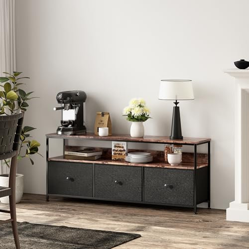FEEOHOME - Mueble de TV de metal, soporte para TV de 42 pulgadas, mesa de TV con LED ajustable y 3 cajones de PU, marco de metal con estantes de almacenamiento, para salón o dormitorio, 108 x 57 x 30