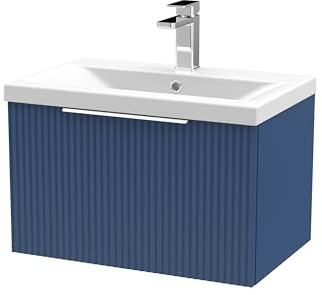Balterley Vanity Unit with Basin Wall Hung, Single Drawer Soft Close with Mid Edge Sink and Handle, Bathroom Vanity Units with Basin, Fluted Front Sink Cabinet - 610 x 390 x 399mm (Blue)