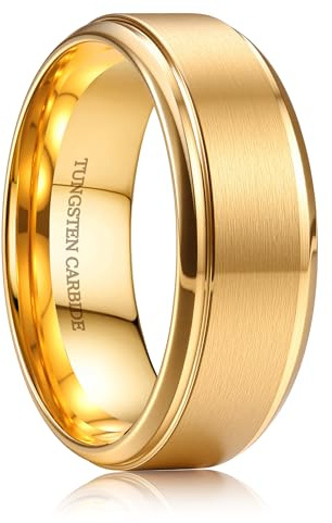 CASSIECA Ringe Herren Wolfram Ringe für Herren Ring Männer Silber Gold | Wolfram Ring Herren Ringe Herren Matt Gebürstet Eheringe Verlobungsring Partnerring Trauringe Breit 8MM Größe 52-72