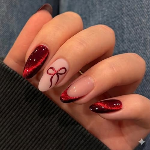 24PC Red & Nude Cat Eye Almond False Nails, Red Bowknot Design Cat Eye French Tip Press On Nails, 12 Sizes Reusable Stick on Nails for Women DIY Manicure for Valentine's Day, Daily Use,Party & Wedding