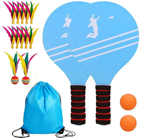SKIKHN Beach Ball Spiel Set,Beachball Set mit 2 Schläger,12 Feder Bälle,2 Tischtennis,1 Aufbewahrungsbeutel,Paddleball Spielset,Strandtennis,Sommer Strand Pool Garten Spiel für Familie und Party