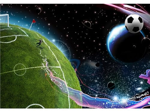decomonkey Fototapete Fußball 400x280 cm XL Tapete Fototapeten Vlies Tapeten Vliestapete Wandtapete moderne Wandbild Wand Schlafzimmer Wohnzimmer Jugendzimmer Fußballplatz Ball Erde Kosmos