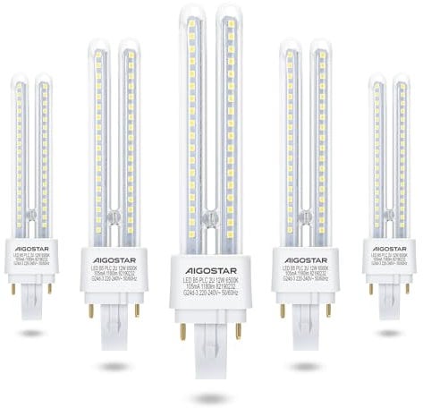 Aigostar - Pack de 5 Bombilla PLC 2U, Tubo de 12 W, Maiz G24d-3, 2 Pines, Luz fría 6500K, 1180Lm, No regulable