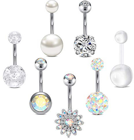 Funseedrr 7stk Bauchnabelpiercing Nabelpiercing 10mm 14G Edelstahl Nabel Banane Piercing Set mit CZ Opal Damen Mädchen