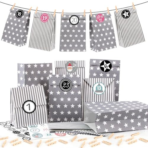 Adventskalender zum Befüllen Grau, 25 Adventskalender Papiertüten mit Zahlenaufklebern, DIY Weihnachtskalender zum Befüllen, Geschenktüten Weihnachts, Adventskalender Selber Basteln