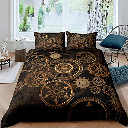 Homewish Golden Ndustrial Gear Bettwäsche Set 135x200 Steampunk Stil Bettbezug Uhren Thema Trösterbezug für Jungen Männer Mechanische Gerät Tagesdecke,Schwarz