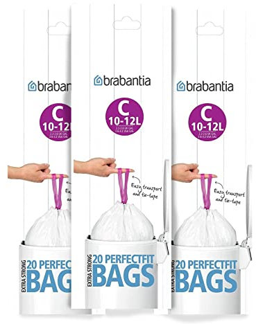 3 x 20 White Perfect Fit Brabantia Bin Liners Type C Liner Bags 10 - 12L (60 bags in total), Purple Strings