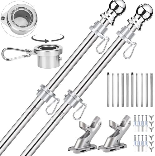 Aobrodzo 2 Pack Flag Poles for Outside House, 6 FT Flag Pole Kit with No-Tangle Aluminum Ring Clips and Holder Mounting Bracket, Stainless Steel 1 inch Diameter Flagpole for Boat Deck Porch (2 Pack)