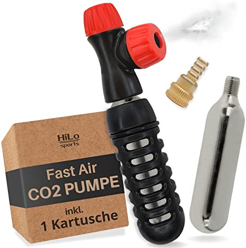 HiLo sports CO2 Pumpe fürs Fahrrad - Inklusive 16g CO2 Kartusche mit Schraubgewinde - Kartuschenpumpe Fahrrad mit einstellbarem Drehregler - Luftpumpe mit Kartusche (Schwarz - Rot)