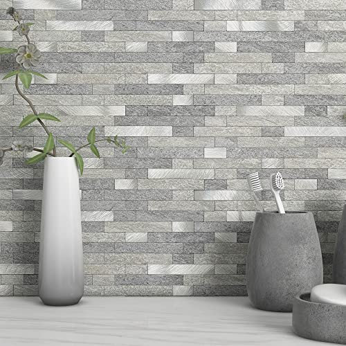 MOFIT - Piastrelle autoadesive 3D in mattoni in pietra, per cucina, piastrelle autoadesive da parete, piastrelle a mosaico lineari in marmo per bagno, camino, vanità (grigio, 5 fogli)