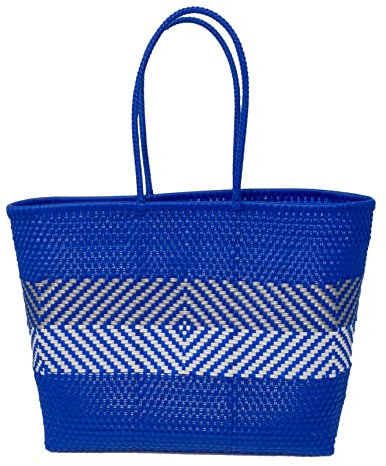 La Sol Imports Große handgewebte mexikanische Strandtasche aus Kunststoff, übergroß, wasserabweisend, ideal für Poolurlaub, Blau / mehrfarbig, Jumbo 23 x 17.5 x 8 Strap 12 in