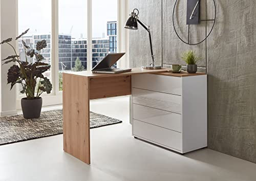 BMG Möbel Eckschreibtisch Mailand 3 (Computertisch, Winkelschreibtisch, Homeoffice, Bürotisch), Made in Germany (Weiß-Oberboden Artisan Eiche/Hochglanz Weiß)