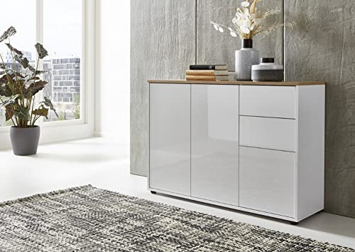 moebel-dich-auf Kommode Ben 10 Sideboard Türkommode Schuhschrank (weiß/weiß Hochglanz, Absetzung in Artisan Eiche Nb.)