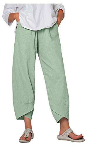 Leinenhose Damen Sommer Boho Strandhose 7/8 Lang Freizeithose Baumwolle Leinen Pusteblumen Druck Sommerhose Capri Elastisch Gummibund Hose Große Größen Haremshose Yogahose