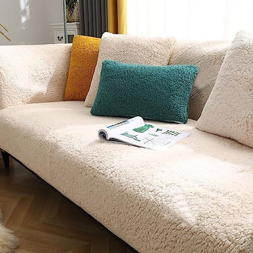 SHANNA Dicker Lamm Imitat Sofabezug 1 2 3 4-Sitzer L-Form, Neue Universelle rutschfeste Sofabezüge Superweiche Staubdichte Sofabezüge für Wohnzimmer (Beige, 90 * 160 cm)