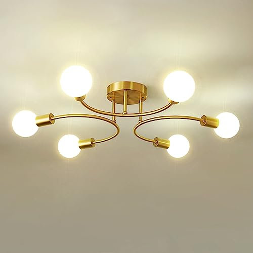 NIUNIAJ Deckenlampe Vintage 6 Flammig Sputnik Industrielle Deckenlampe Retro Kronleuchter,Kompatibel mit E27 LED,CFL und Edison Lampe, Deckenlampe Kronleuchter für Wohnzimmer Esszimmer Küche(Gold)
