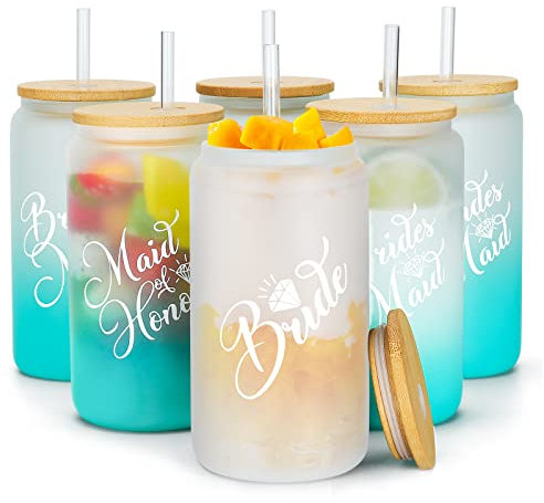 pengtai Bridesmaid Gifts, Bachelorette Party Favors, Maid of Honor Gift, Bridesmaids Glass Tumbler Set of 6 With Straw