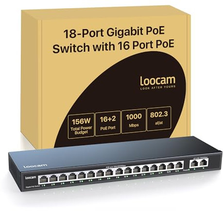 Loocam 16 Port Gigabit PoE Switch mit 2 Gigabit Ethernet Uplink, 156W für 16 Port PoE+ 1000Mbps, IEEE802.3af/at Unmanaged Netzwerk Switch, Robustes Metallgehäuse, Desktop/Wandmontage