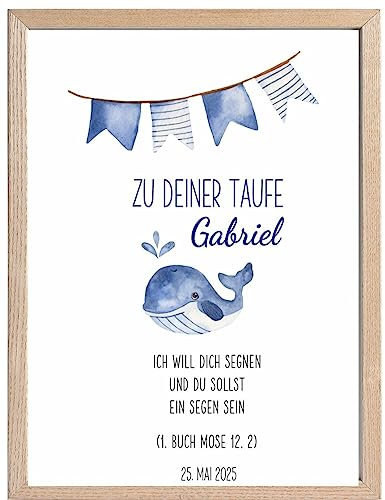 Poster Taufgeschenk Patenbrief WAL WAL-FISCH in blau & weiß vom Paten an das Kind Patengeschenk Taufgeschenk für Jungen personalisierbar mit Namen des Babys & Taufspruch Geschenk Taufe A3 29,7 x 42cm