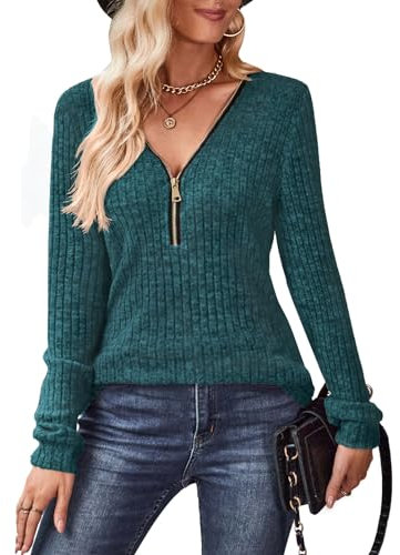 Gemulate Ladies Half Zip Jumper v Neck Sweaters for Women Autumn Casual Jumpers Long Sleeve Tops Pullover Fashion Sweatshirts Tshirt Dark Cyan XX-Large