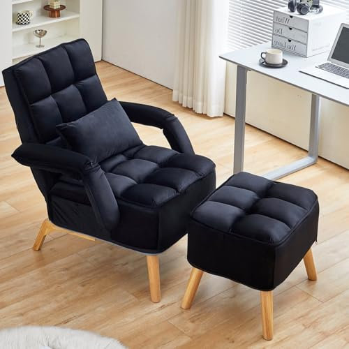 CLIPOP Relaxsessel mit Hocker Lesesessel mit Extra Dick Gepolsterter Lehnstühle Liegesessel Fernsehsessel Ohrensessel (Samt, Schwarz)