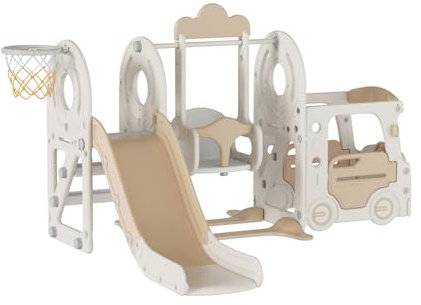 Toboggan et balançoire pour bébé Toboggan autoportant pour Enfant Centre d'activités pour Aire de Jeux Ensemble de Jeux intérieur extérieur Toboggan Long Equipement de Jeux (Bus Brown)