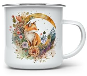 MAXIKIWI - Tazza da campeggio smaltata resistente per caffè o tè per uso interno ed esterno - Simpatica volpe sulla luna - 350 ml