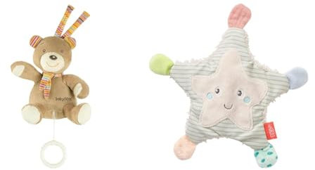 Fehn Spieluhr Baby Einschlafhilfe Teddy - Kuscheltier mit Einschlafhilfe Melodie & Knister Seestern – Activity Baby Raschel Spielzeug zum Greifen und Spielen