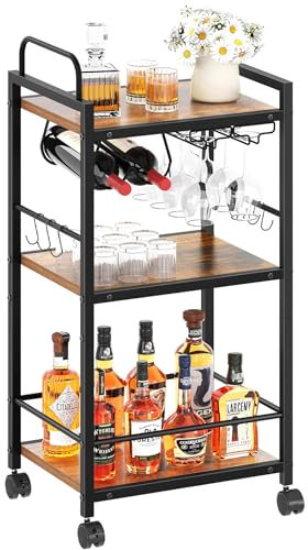 Barwagen für Zuhause, 3-stöckige Küchenwagen mit Rollen, kleiner Rollwagen mit Glashaltern, Weinregal, Mini-Barwagen für Küche, Esszimmer, Wohnzimmer, 33 x 43 x 84 cm (T x B x H), rustikales Braun