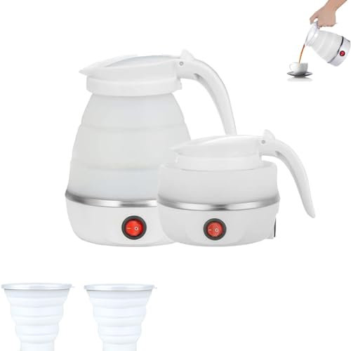 WAVATA Faltbarer Wasserkocher, 0.6L 600W Mini reisewasserkocher klein, Silikon Mini Wasserkocher mit Edelstahlboden und 2 Faltbecher, für Wandern Outdoor Reise camping wasserkocher(Weiß)