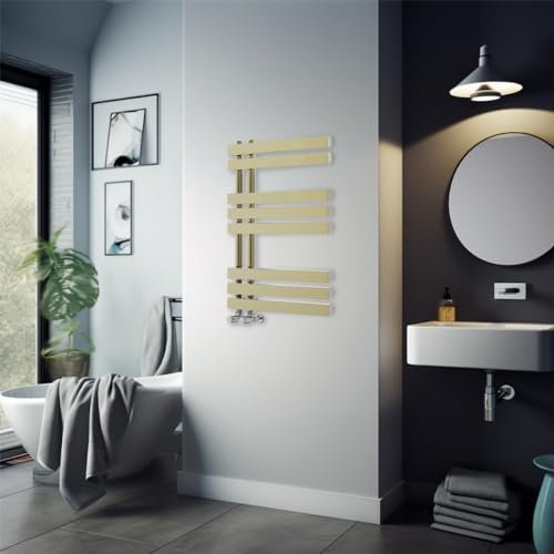 Warmehaus 800 x 600mm Brushed Brass Flat Designer Heated Towel Rail Radiator - Best for any Bathroom & Kitchen - D Shape Bars