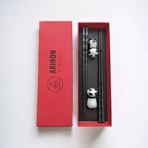 Bamboo Knot Design Glass Fiber Chopsticks 2 Pairs + Cute Ceramic Panda Rest Gift Set - Black, Japanese Chinese Chopsticks for Sushi, Ramen, Rice - Dishwasher Safe