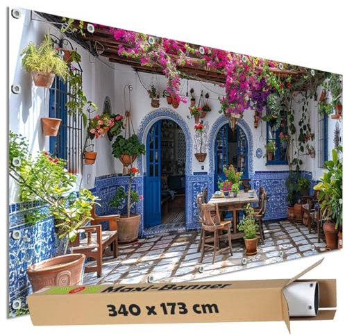TRIOSK Große Motivplane Sichtschutz Zaunblende mit Motiv Gartenterrasse Landhaus Mediterran Motivbanner Garten Deko Plane Blickdicht für Zaun Terrasse Gartenzaun Zaunplane PVC 340x173 cm