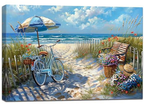 ZQQART Strand Leinwandbild Meer Fahrrad mit Blumen Gemälde Drucke Küstenlandschaft Bild Kunstwerk für Badezimmer Dekor Rahmen(Strand 3,40x60cm)