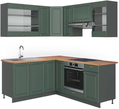 Vicco Eckküche Fame-Line, Grün-Gold Landhaus/Anthrazit, 190 x 160 cm | 10 Module · Höhenverstellbare Füße · AP Eiche inkl. · MDF-Fronten · Softclose · Metallgriffe