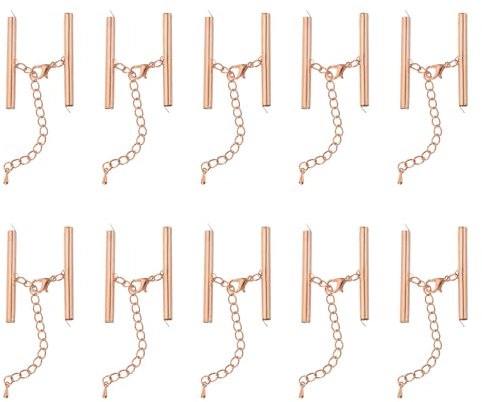 sourcing map 10Sets Slide on End Clasps with Lobster Claw Clasps & Extension Chain, 40mm Tube Slider Crimp Cord Ends for DIY Craft Making, Rose Gold