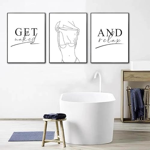 SHINERING Schwarz-Weißes Poster „Get Naked And Relax“ Mit Nackter Frau Im Badezimmer, Strichzeichnung, Dekorative Gemälde, Leinwand, Wandkunst, Bild, Wohnkultur 21Cmx30Cmx3Pcs Kein Rahmen