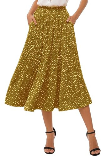 Timuspo Plissierter Rock Damen mit Taschen A Linie Knielang Hoher Taille Sommerrock Midirock Chiffon Pleated Skirt Casual Wickelrock Polka Dot Röcke Gelb S