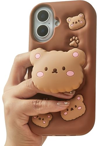 TUFTA Kawaii 3D Cartoon Teddy Bear Phone Case with Stand for iPhone 16, Perfect for Kids, Girls, Boys, Teens, and Women, Brown Cute Girly Animal Thick Soft Silicone Phone Cover