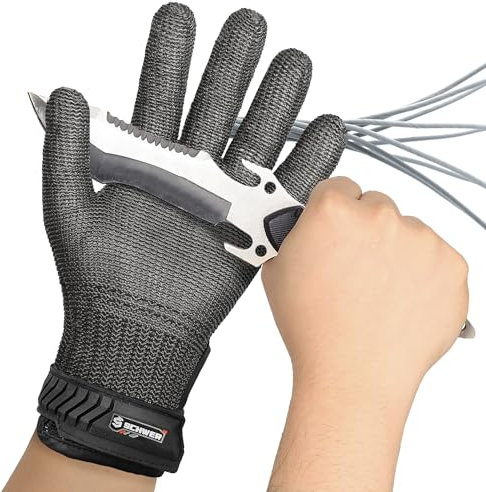 Schwer Ultimate Cut Resistant Gloves Outdoor ANSI A9, Reinforced Stainless Steel Glove, Food Grade Mesh Metal Gloves for Cutting Butchery Meat, Oyster Shucking, Mandolin