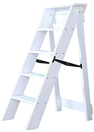 OZBMA Escabeau en Bois, 5 marches en Bois Massif, échelle Pliante, escabeau Multifonction, étagère de bibliothèque Multifonction, étagère pour Plantes, chaises Pliables à 5 marches (Blanc) (Blanc)